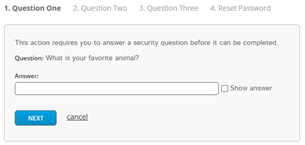 Image of the Question 1 tab of the reset your password screen.